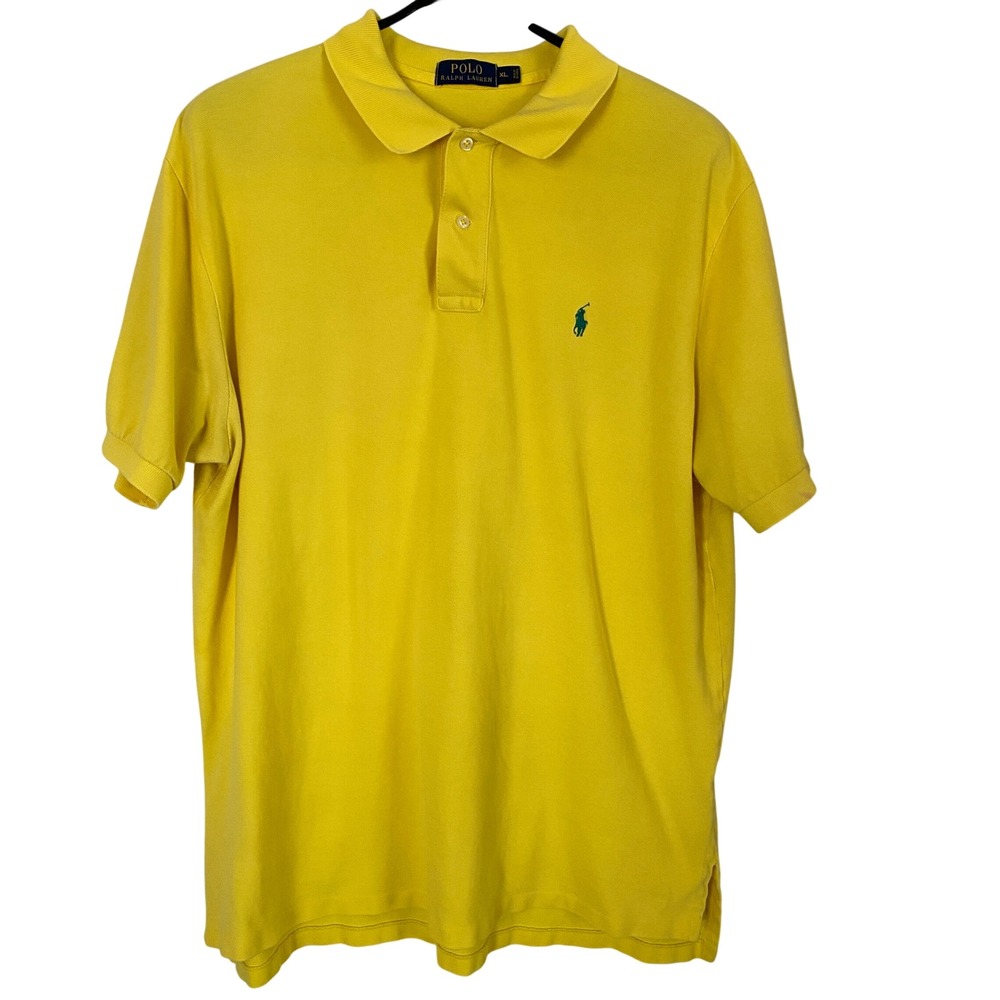 Polo Ralph Lauren Mens XL Yellow Short Sleeve Pique Cotton Polo Shirt Teal Pony